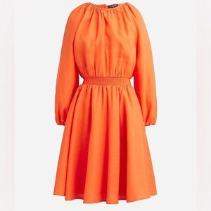 NEW J. Crew Palermo‎ Dress Orange Linen Smocked Waist Long Sleeve Womens Small